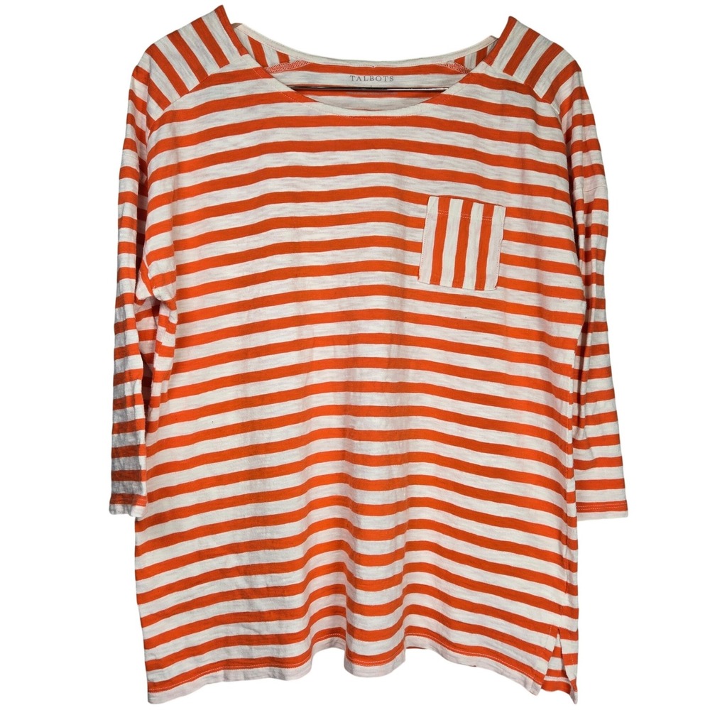Talbots Womens Large Orange White Striped Cotton 3/4 Sleeve Pocket Tee Shirt